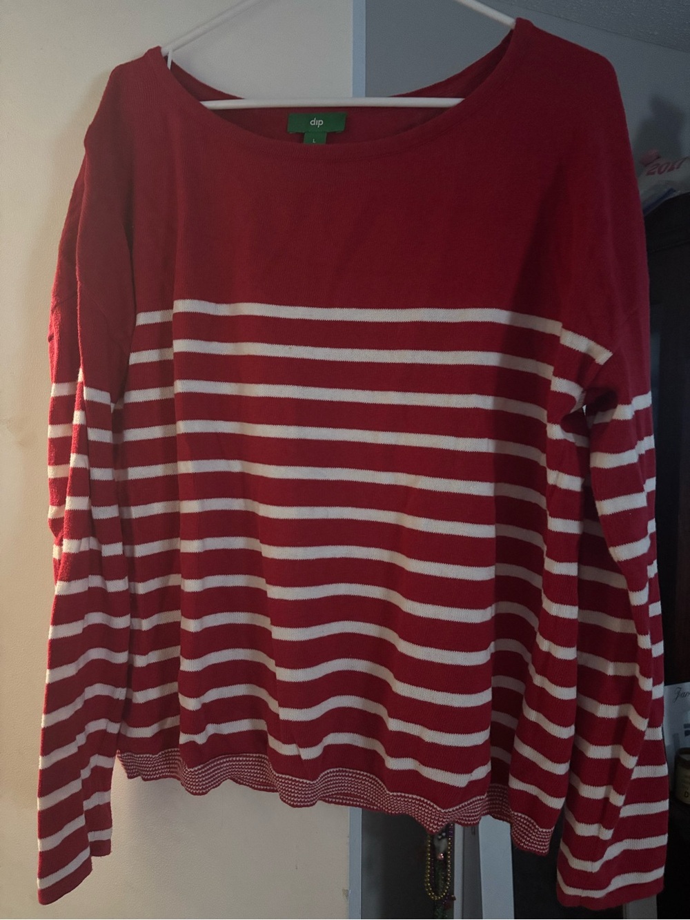 dip Red and White Striped Boatneck Sweater